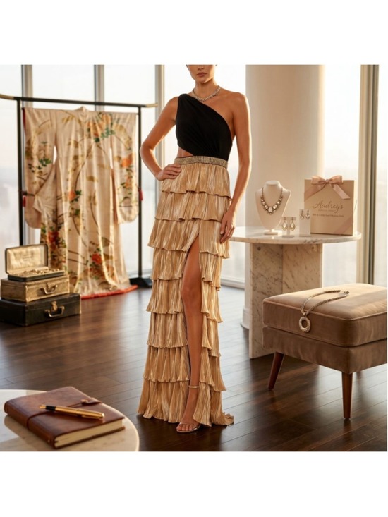 Mac Duggal Dresses & Skirts - Mac Duggal One Shoulder Gold & Black Tiered Gown, Size 10